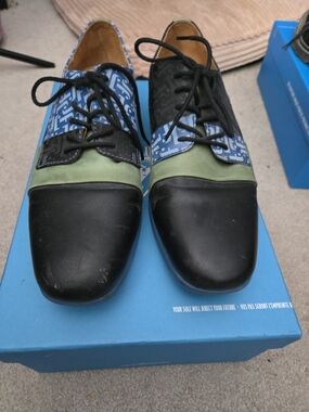 John Fluevog Men's M9 Black, Blue & Green Fuller Lace-Up Dress Shoes